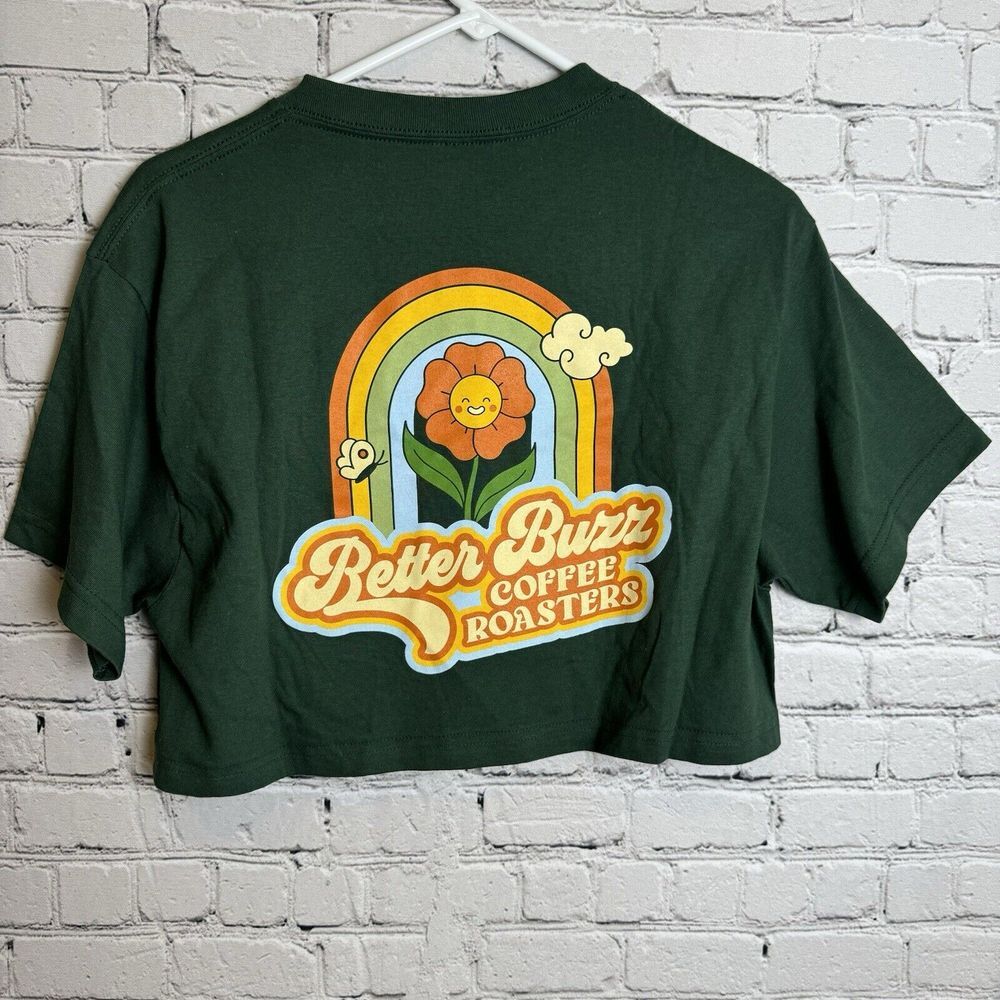 Better Buzz Coffee Crop Top Shirt Green Rainbow Butterfly‎ Women's Size Small